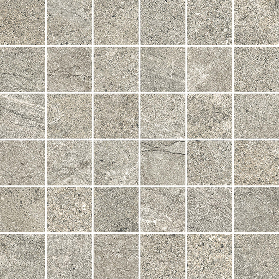 Santorini 2x2 Mosaic Porcelain Tile features square gray porcelain tiles with stone-effect surfaces, subtle texture and color variation, and thin white grout lines for a natural, lightly speckled and marbled look.