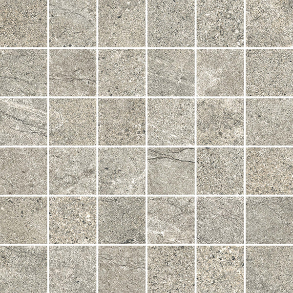 Santorini 2x2 Mosaic Porcelain Tile features square gray porcelain tiles with stone-effect surfaces, subtle texture and color variation, and thin white grout lines for a natural, lightly speckled and marbled look.