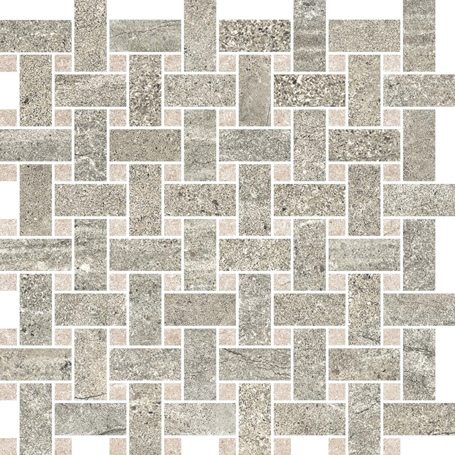 The Santorini Basketweave Mosaic Porcelain Tile features interlocking rectangular and square stone-effect pieces in grey and beige shades, creating a geometric woven pattern with light grout lines.