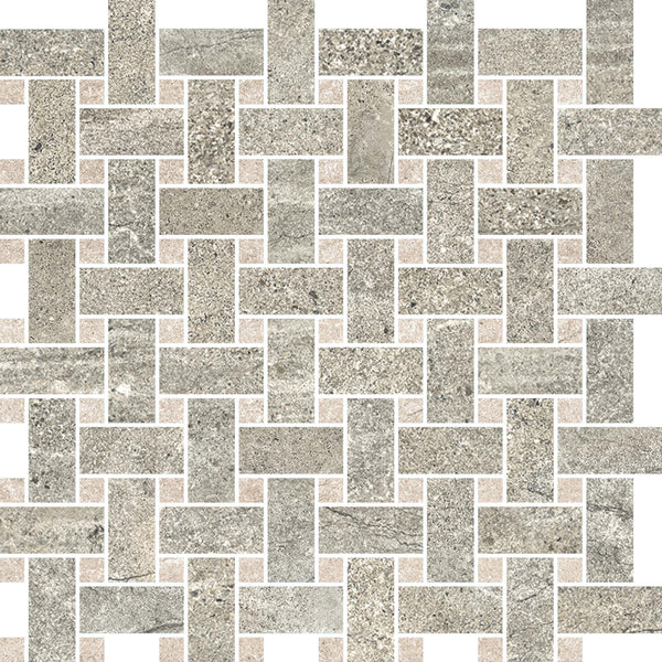 The Santorini Basketweave Mosaic Porcelain Tile features interlocking rectangular and square stone-effect pieces in grey and beige shades, creating a geometric woven pattern with light grout lines.