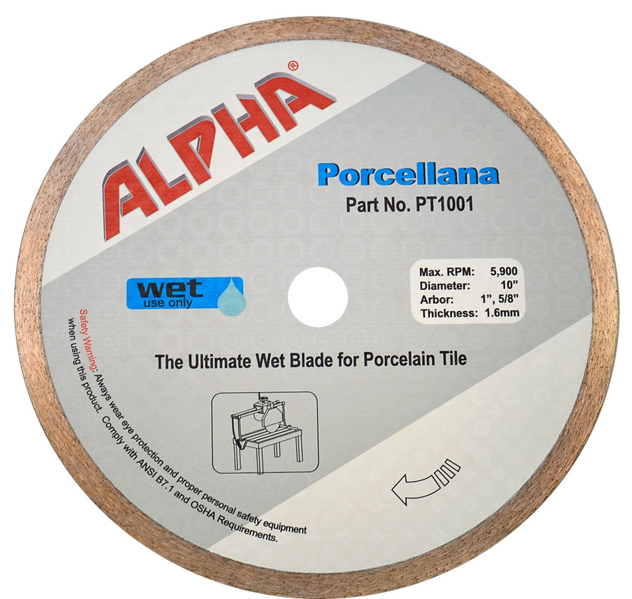 The Alpha Porcellana Wet Blade for Porcelain is a 10" circular diamond blade with a 5/8" arbor and 1.6mm thickness, designed for wet cutting of porcelain tile; includes safety icons and features a wooden edge.