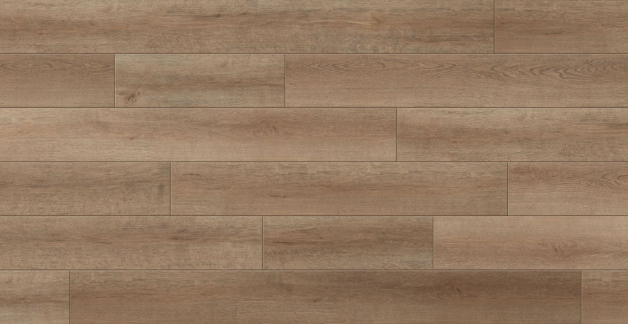 Artistry 7 5/8" Waterproof Laminate features rectangular planks in a staggered layout, natural brown color, and visible hardwood texture. With an AC5 rating, this flooring offers enhanced durability.