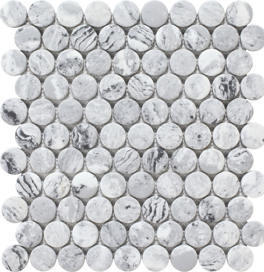 The Pantheon Penny Round Mosaic Tile sheet features small, round gray and white tiles with natural veining patterns, crafted from premium Italian marble.