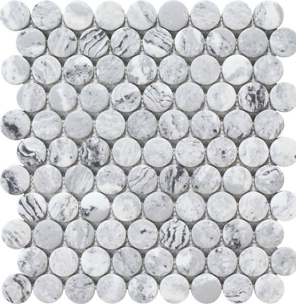 The Pantheon Penny Round Mosaic Tile sheet features small, round gray and white tiles with natural veining patterns, crafted from premium Italian marble.