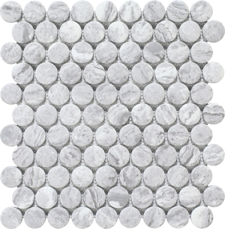 Pantheon Penny Round Mosaic Tile is a square sheet with a uniform grid of gray and white Italian marble penny rounds, featuring natural stone texture and subtle veining.