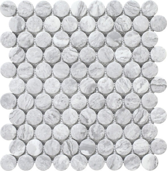 Pantheon Penny Round Mosaic Tile is a square sheet with a uniform grid of gray and white Italian marble penny rounds, featuring natural stone texture and subtle veining.