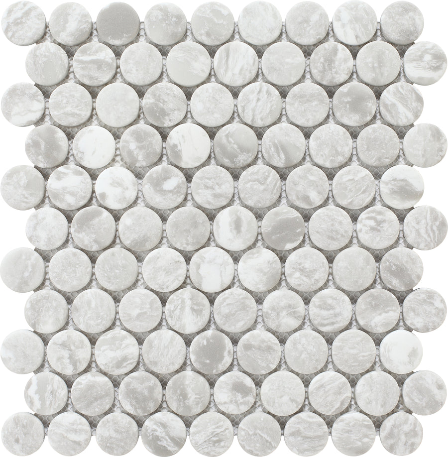 The Pantheon Penny Round Mosaic Tile features a grid of round, marble-patterned white and light gray tiles, arranged neatly in rows and columns for an elegant Italian marble look.