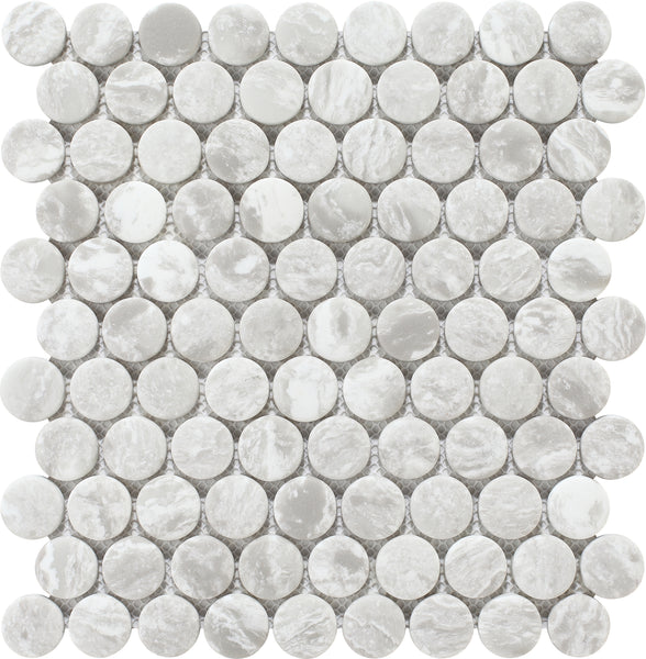 The Pantheon Penny Round Mosaic Tile features a grid of round, marble-patterned white and light gray tiles, arranged neatly in rows and columns for an elegant Italian marble look.