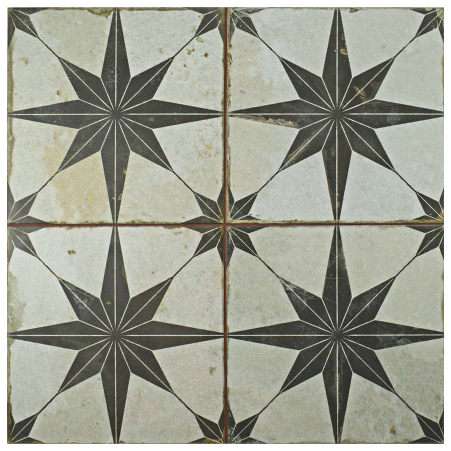Kings Star 17 3/4 x 17 3/4 Patterned Tile: Set of four ceramic tiles, each with a black eight-pointed starburst on light gray. Stars align at the edges for a seamless, vintage-inspired geometric design. Suitable for floors and walls.