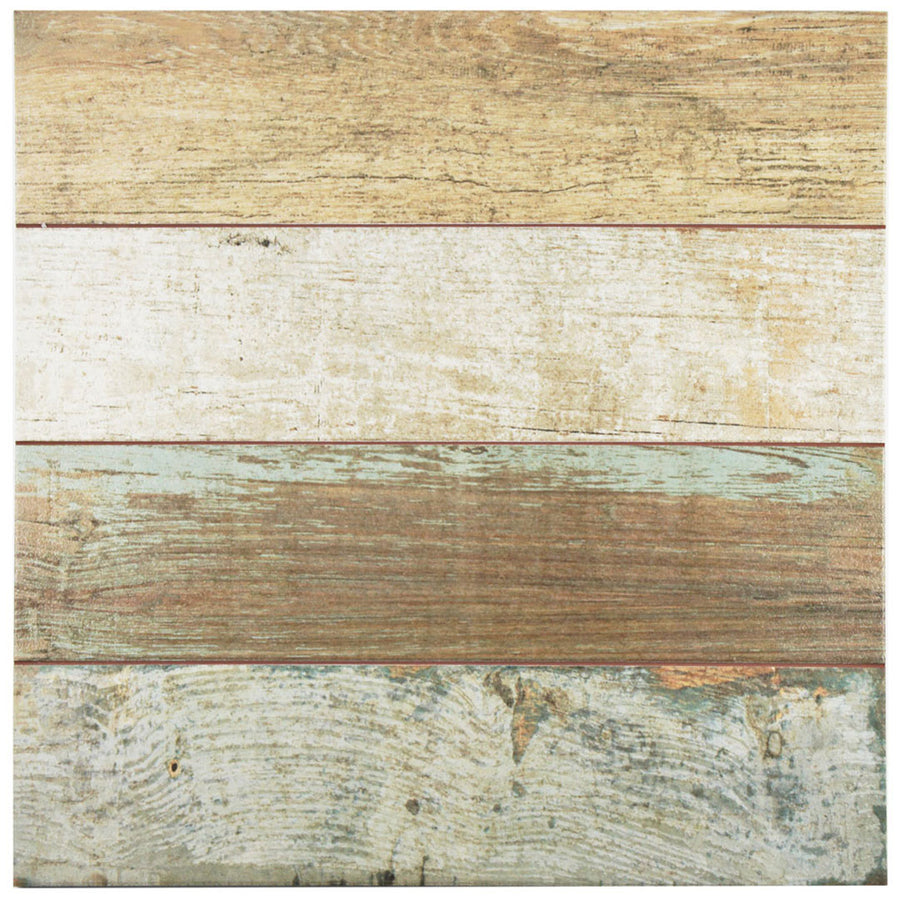 The Kings Bretagne 17 3/4 x 17 3/4 Patterned Tile features four horizontal wood-look planks in weathered shades of beige, white, brown, and blue-green for a rustic vintage-industrial style with natural grain and a distressed finish.