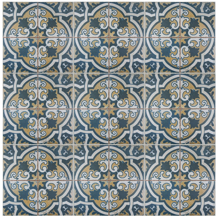 Kings Canarsie 17 3/4 x 17 3/4 Patterned Tile features a decorative geometric and floral design in blue, gold, and white with vintage-inspired details, curved lines, and star shapes for an encaustic tile look.