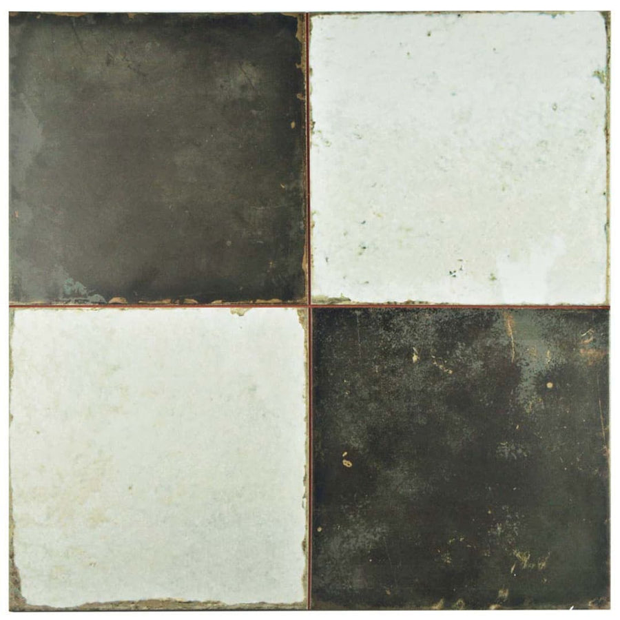 The Kings Damero 17 3/4 x17 3/4 Patterned Tile features four equal sections in a checkerboard of distressed white and dark brown, offering a vintage industrial look with rustic, worn texture for floors or walls.