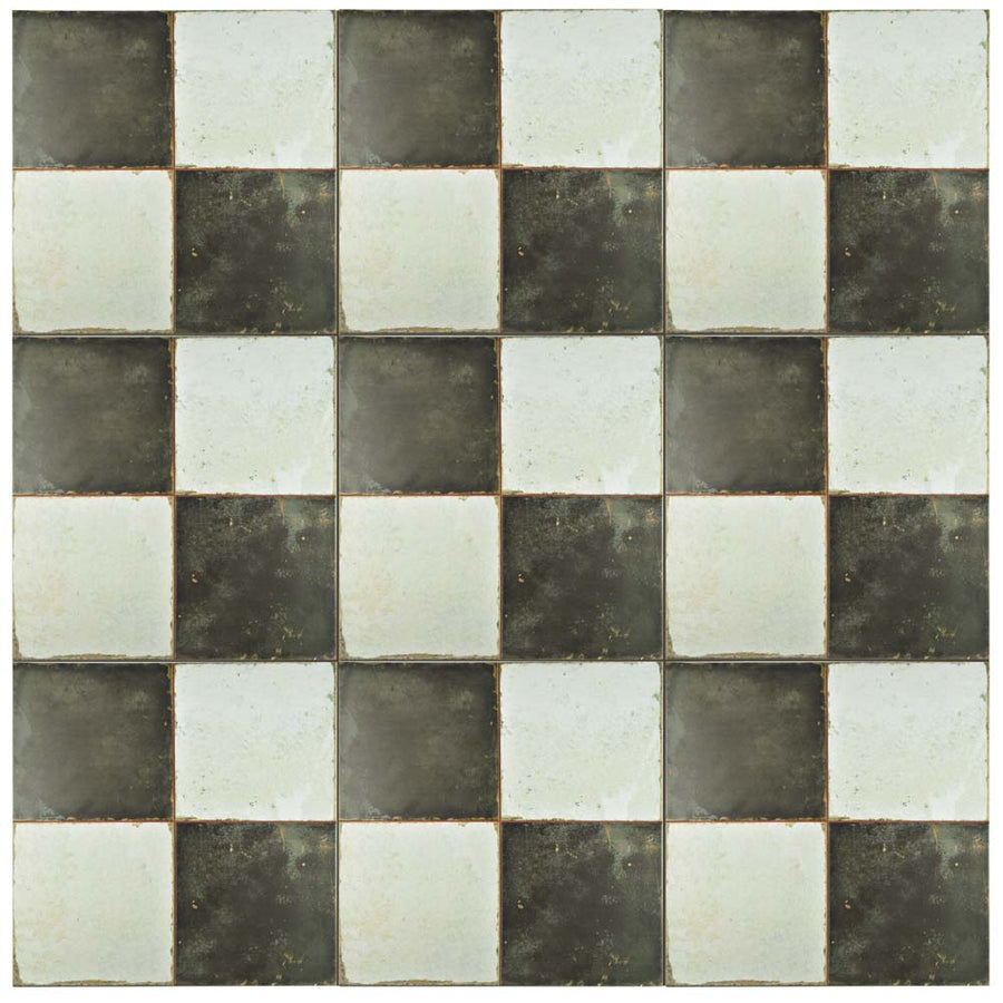 The Kings Damero 17 3/4 x17 3/4 Patterned Tile features a checkerboard of off-white and dark gray squares with a worn, rustic finish, uneven edges, and a 6x6 grid, creating an encaustic-inspired vintage industrial look.