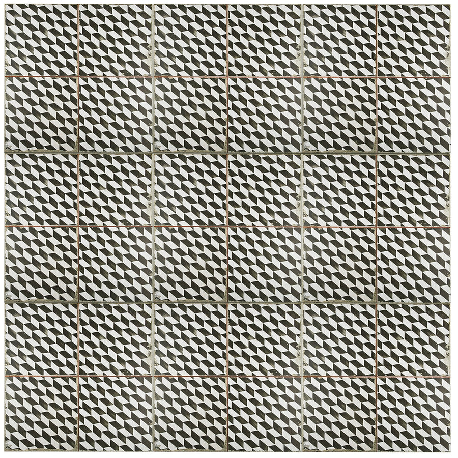 Kings Espiga 17 3/4 x17 3/4 Patterned Tile features a black and white geometric design of diamonds and triangles, creating an optical illusion effect when arranged in neat rows and columns.
