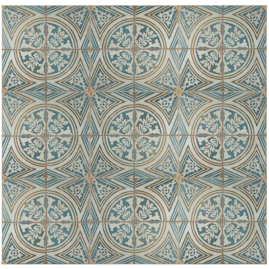 The Kings 17 3/4 x17 3/4 Patterned Tile features blue, cream, and beige geometric and floral designs with circular and star motifs for a repeating encaustic-inspired look, perfect for decorative floors or walls.