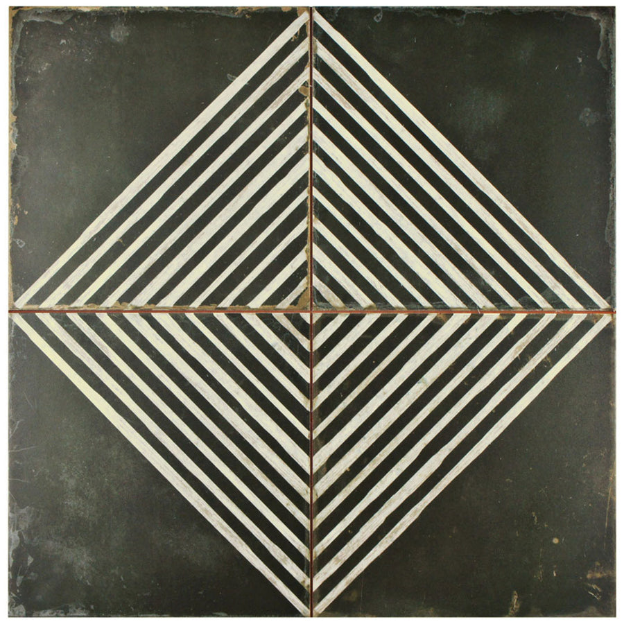 The Kings Rombos 17 3/4 x 17 3/4 Patterned Tile features four squares with diagonal white lines forming a diamond pattern on a dark background, evoking encaustic tile and vintage industrial design for a striking optical illusion effect.