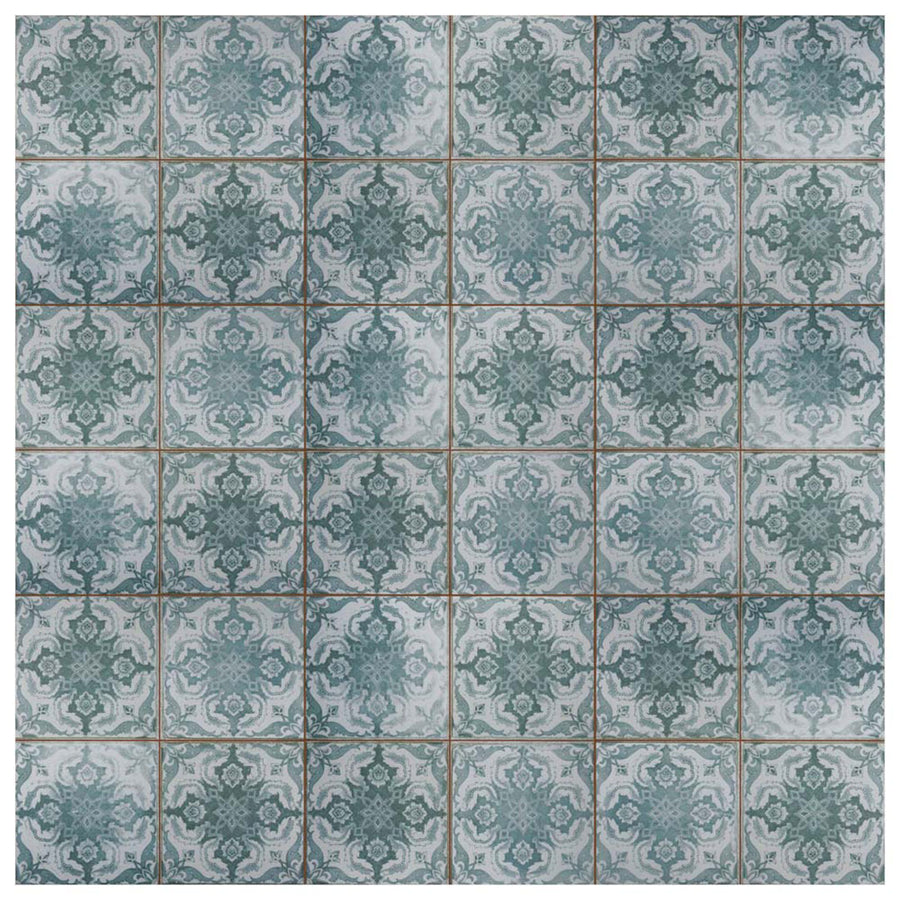 The Kings Seagate 17 3/4 x17 3/4 Patterned Tile features blue and green ceramic designs with floral and geometric motifs for a vintage Mediterranean style, perfect for decorative floors and walls. Each tile has an encaustic-inspired central motif.