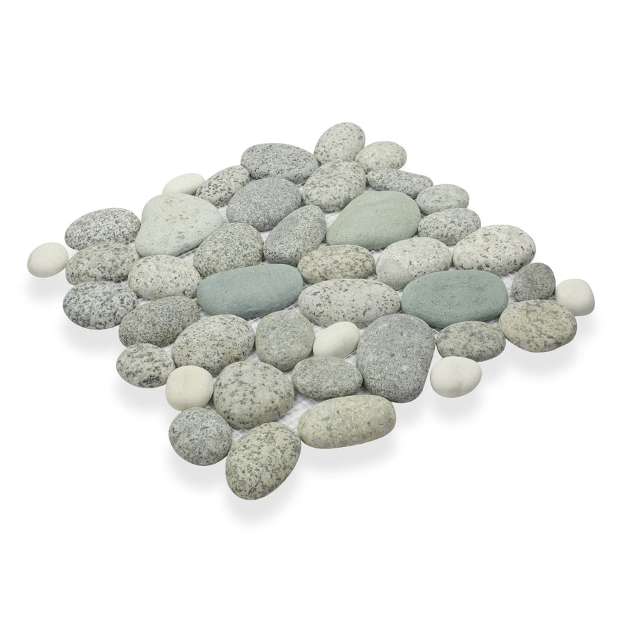 The Perfect Pebble 12x12 Natural Stone features smooth, rounded gray and light-colored pebbles set closely together, forming a seamless square tile that resembles a decorative mat.