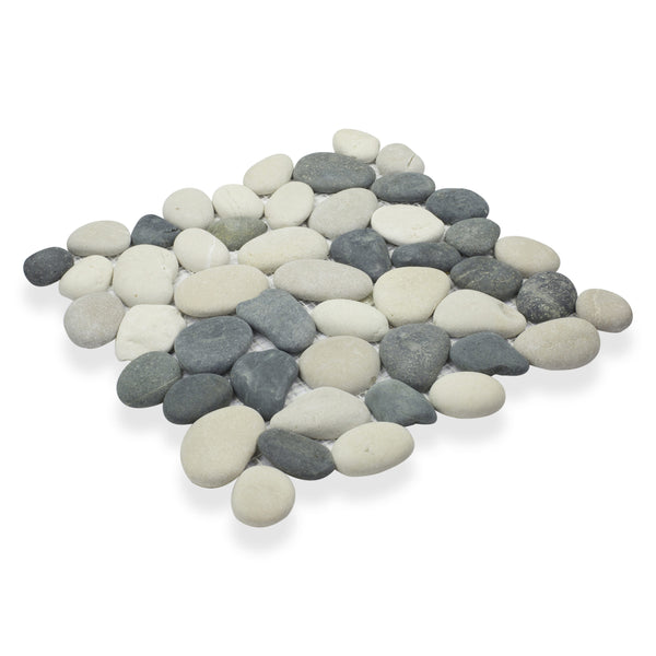 The Perfect Pebble 12x12 Natural Stone mat features smooth, rounded river stones in white, gray, and black tones, closely arranged for a seamless look on a white background.