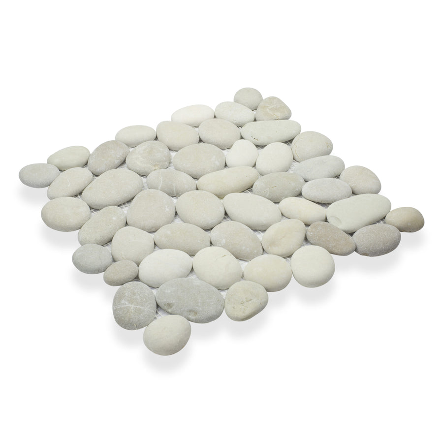 Perfect Pebble 12x12 Natural Stone features smooth, rounded, light-colored river stones arranged closely on a white background for a seamless pebble tile look.