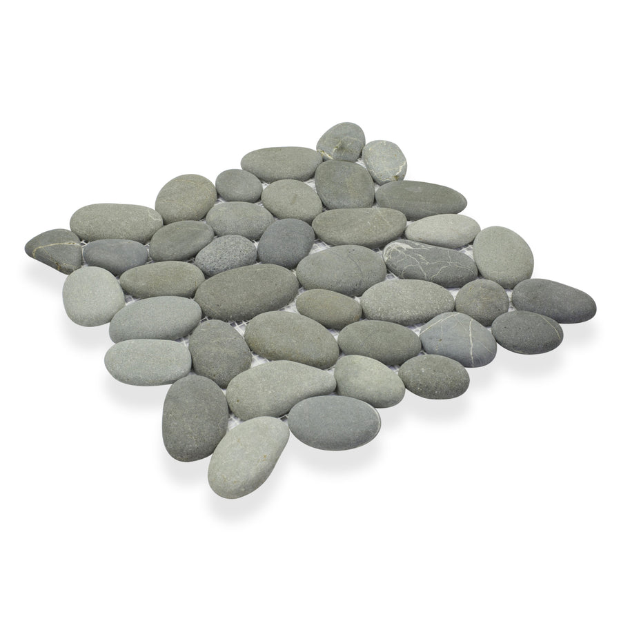 The Perfect Pebble 12x12 Natural Stone mat features smooth, round gray and light brown river stones closely arranged for a flat, seamless look, with some stones extending just beyond the edges.