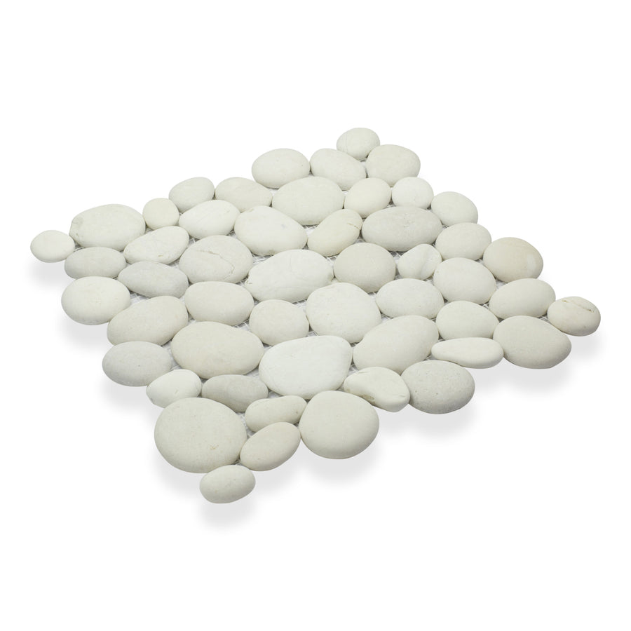 The Perfect Pebble 12x12 Natural Stone tile features closely arranged smooth, round white stones in a square shape, creating a seamless look against a white background.