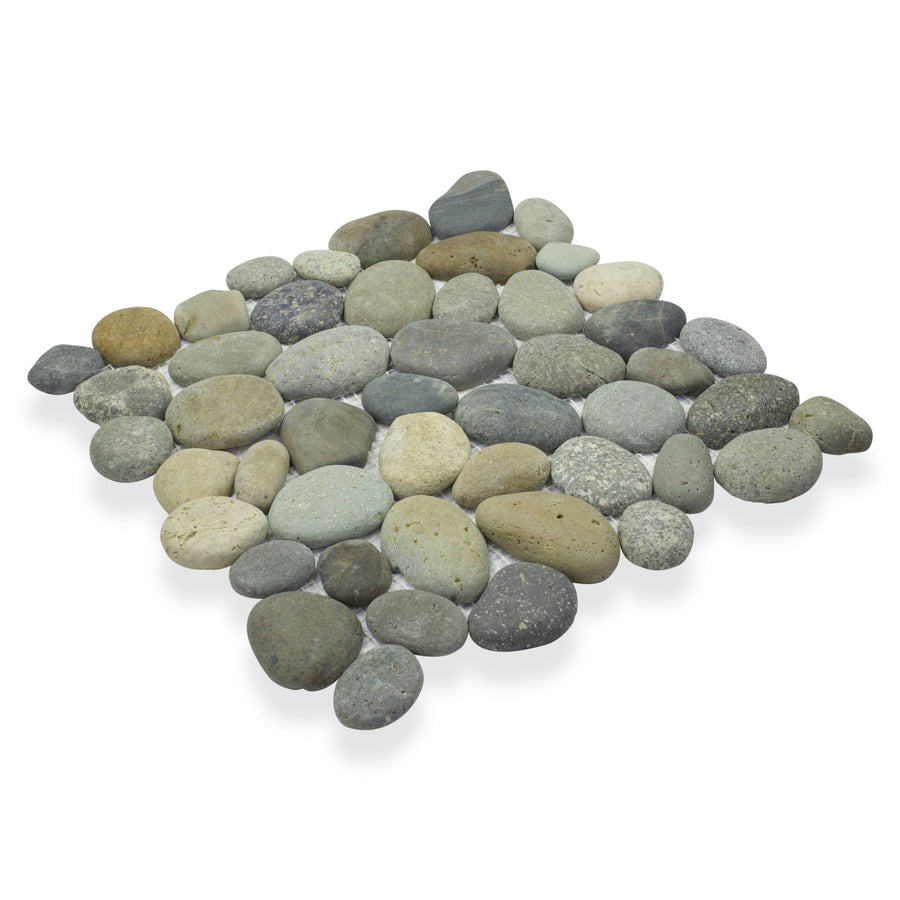 The Perfect Pebble 12x12 Natural Stone features smooth, round river stones in gray, tan, and beige tones arranged closely on a white background for a seamless, tile-like look.