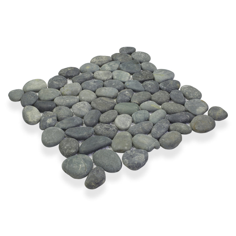 The Perfect Pebble 12x12 Natural Stone features a square layout of smooth, rounded gray river stones, offering a seamless, elegant pebble tile look on a white background.