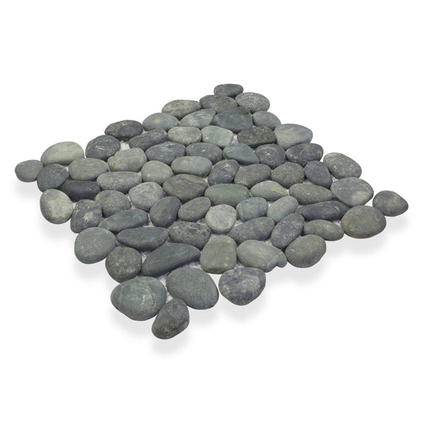 The Perfect Pebble 12x12 Natural Stone features a square layout of smooth, rounded gray river stones, offering a seamless, elegant pebble tile look on a white background.