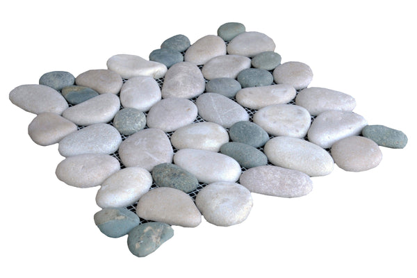 The Perfect Pebble 12x12 Natural Stone tile features smooth, light gray and blue river stones on a mesh backing, providing a flat surface ideal for decorative flooring or tiling projects.