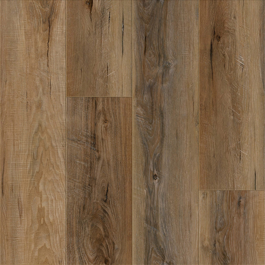 Close-up of ArmorStep 7" Vinyl Plank flooring, showing its natural brown grain and subtle knots for a rustic look. Enjoy the appearance of real wood with high-performance, waterproof durability.