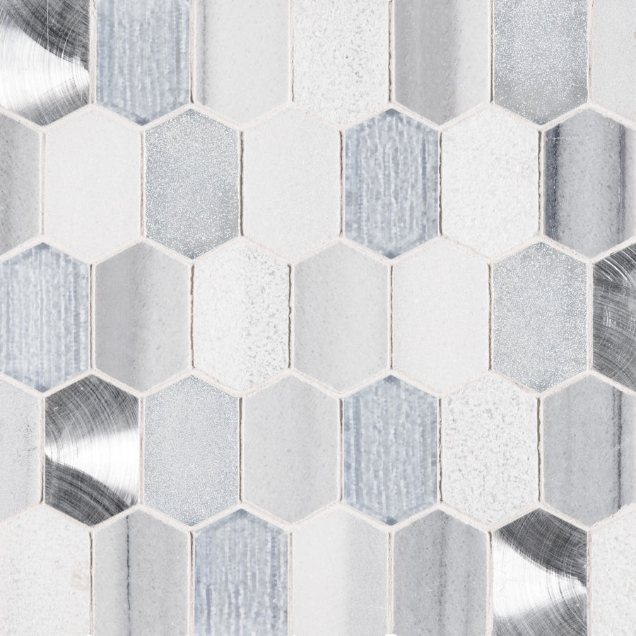 Close-up of Picket Mosaic Natural Stone tiles in hexagonal shapes, featuring white, silver, and light gray tones with metallic and brushed textures for a modern geometric pattern reminiscent of a picket design.
