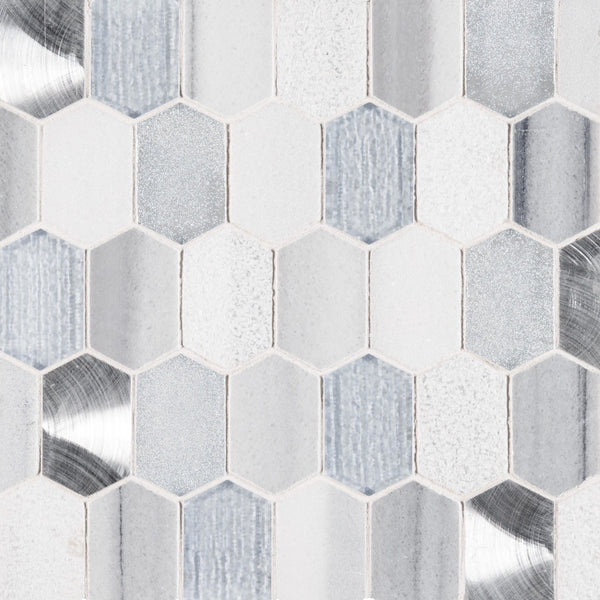 Close-up of Picket Mosaic Natural Stone tiles in hexagonal shapes, featuring white, silver, and light gray tones with metallic and brushed textures for a modern geometric pattern reminiscent of a picket design.