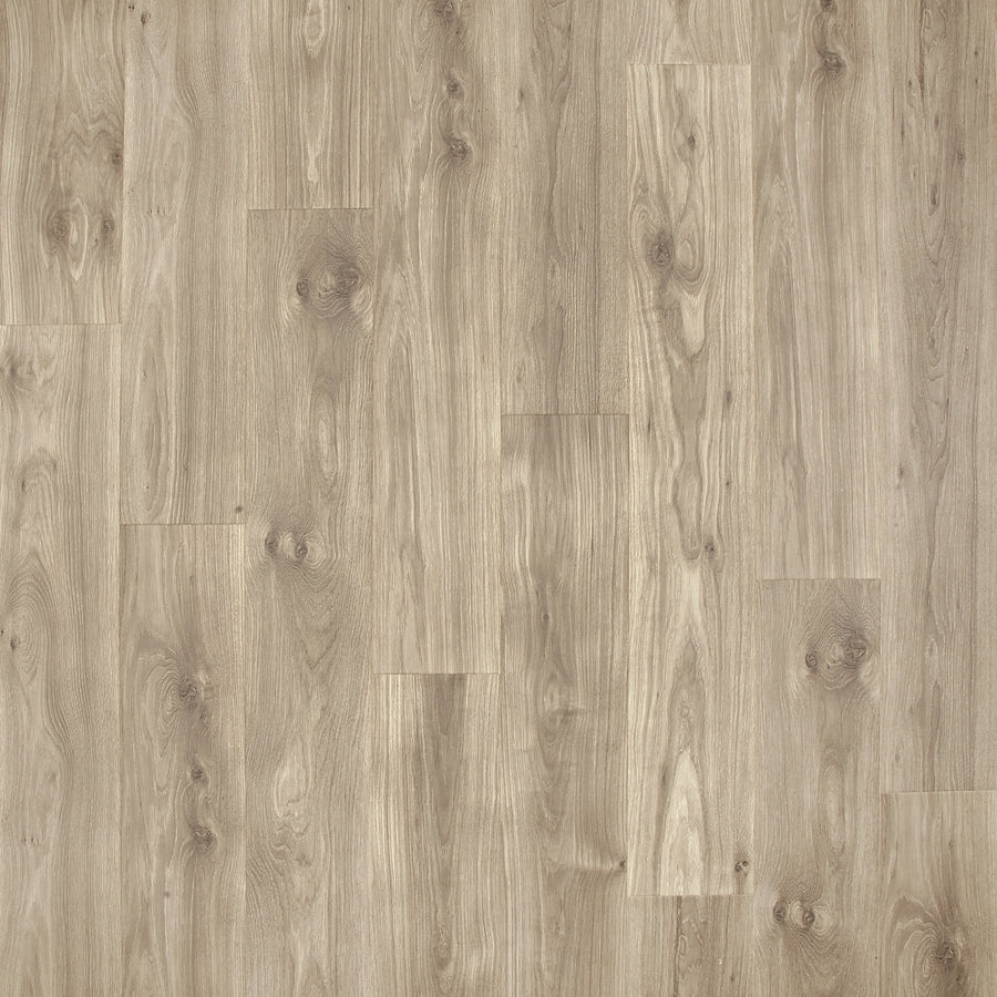 Ivey Park 8.34" Waterproof Laminate features a light brown hardwood look with visible grain patterns and knots, staggered plank design, smooth matte finish, natural wood texture, and scratch-resistant surface.