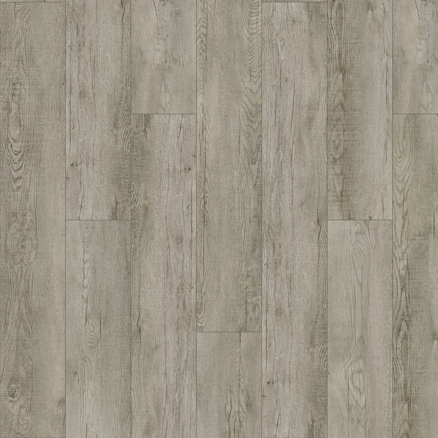 Poppy Reserve 9" Vinyl Plank features light gray, wide planks with a textured, scratch-resistant surface. The staggered layout and natural wood grain patterns create a realistic and durable hardwood look.