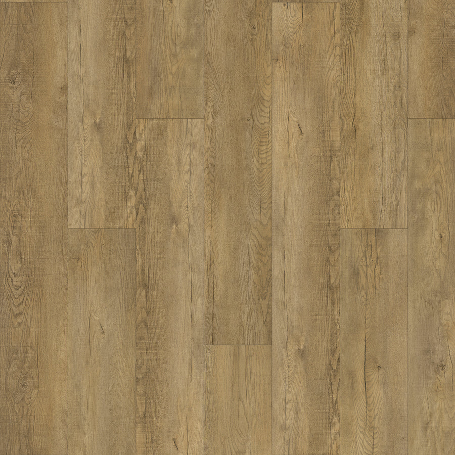 Poppy Reserve 9" Vinyl Plank features a wide plank design with a natural oak finish, visible wood grain and knots, and is arranged in a staggered pattern for a warm, rustic look.