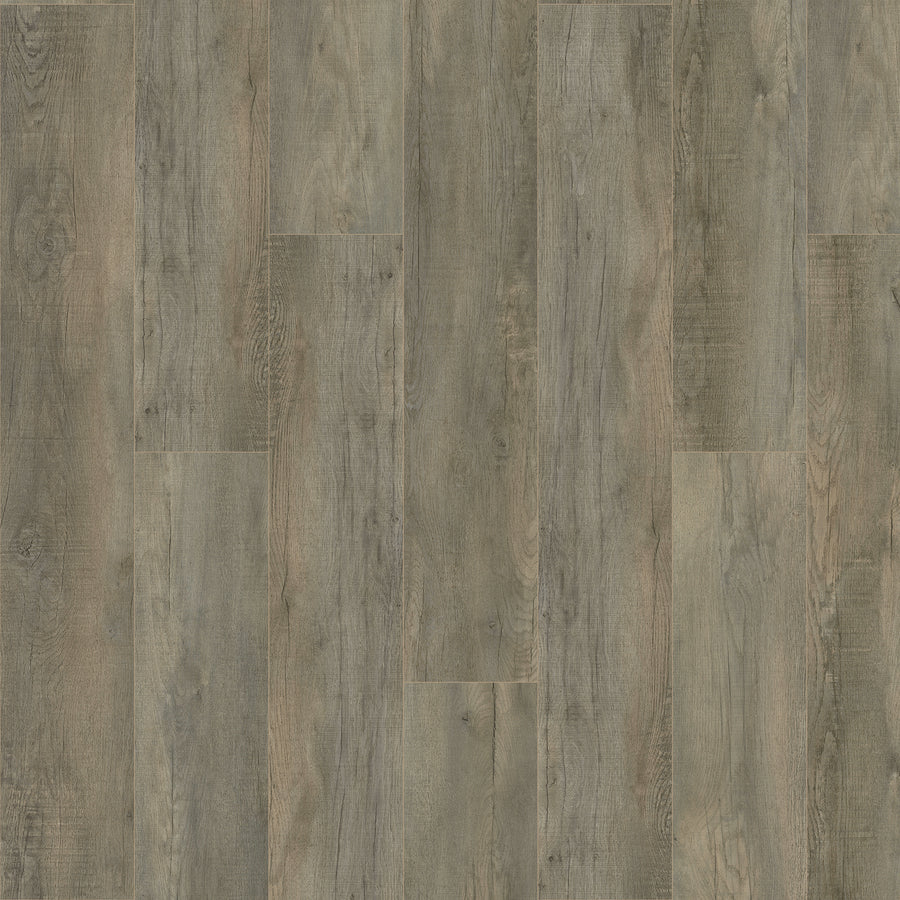 A close-up look at Poppy Reserve 9" Vinyl Plank flooring, arranged in a staggered layout, highlights its rustic appearance with natural wood grain, knots, and a blend of grayish-brown tones.