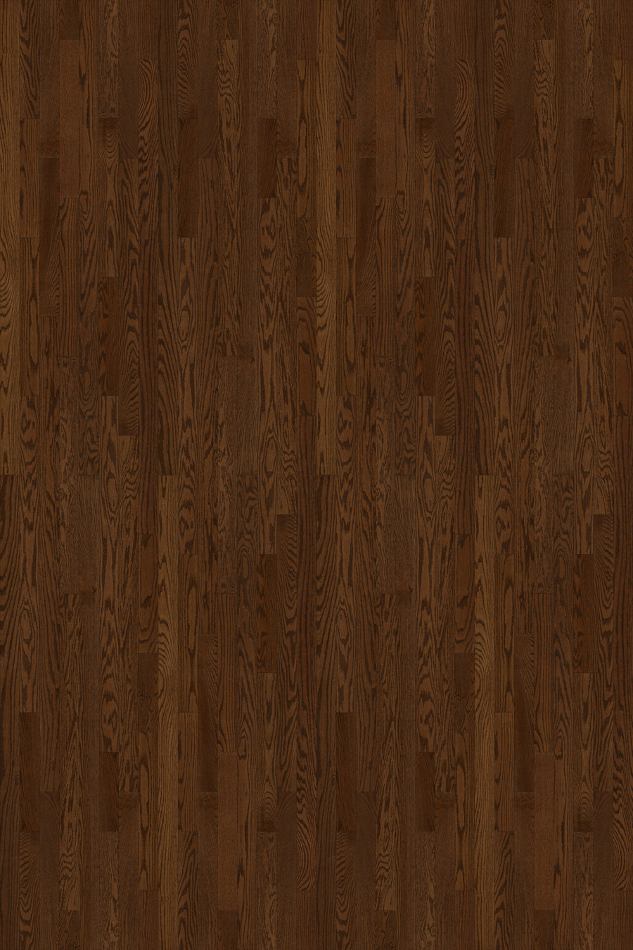 Foundation 3 1/4" Red Oak Hardwood features dark brown planks with a semi-gloss finish and distinct grain patterns, arranged vertically in a seamless, repeating layout.