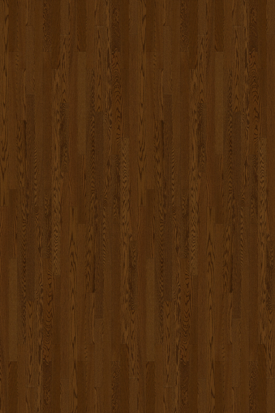 Foundation 2 1/4" Red Oak Hardwood features a dark brown hue with visible wood grain and subtle tone variations, highlighted by a semi-gloss finish for a natural, elegant look.