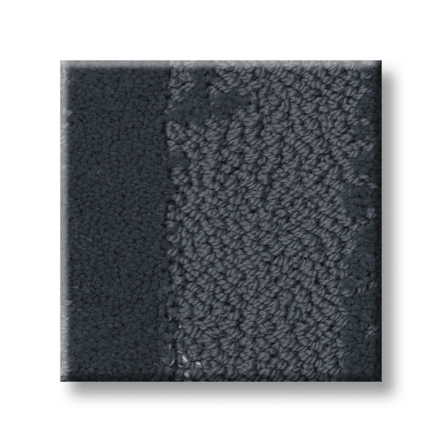 A square sample of Tranquil Spirit Pet Friendly Carpet in dark gray, featuring two textures: a smooth, dense matte left side and a loosely woven, textured right side, both in the same shade.