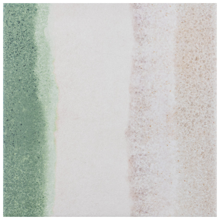 The Rembrandt 6x6 Patterned Porcelain Tile features three vertical stripes—a textured green left, smooth white center, and speckled beige right—each inspired by brushstroke patterns, perfect for floor or wall installations.