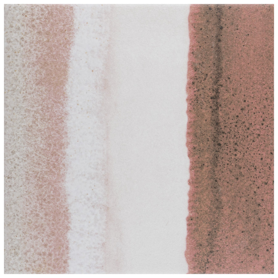 The Rembrandt 6x6 Patterned Porcelain Tile is a square tile with soft vertical stripes in muted beige, white, and reddish-brown tones, featuring a grainy textured finish that evokes gentle brushstrokes and subtle gradients.