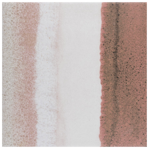 The Rembrandt 6x6 Patterned Porcelain Tile is a square tile with soft vertical stripes in muted beige, white, and reddish-brown tones, featuring a grainy textured finish that evokes gentle brushstrokes and subtle gradients.