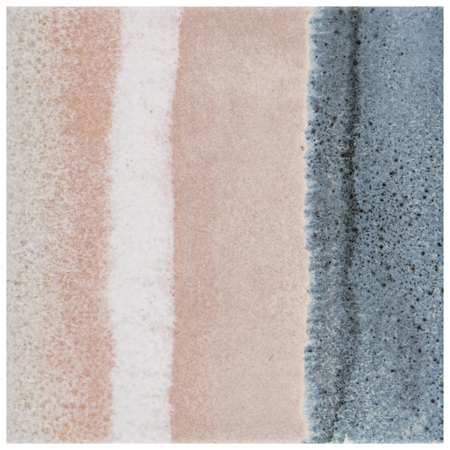 The Rembrandt 6x6 Patterned Porcelain Tile is a square tile with vertical stripes in pastel pink, white, beige, and blue, a textured finish, brushstroke patterns, and speckled blue accents for added visual interest.