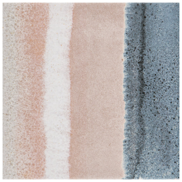 The Rembrandt 6x6 Patterned Porcelain Tile is a square tile with vertical stripes in pastel pink, white, beige, and blue, a textured finish, brushstroke patterns, and speckled blue accents for added visual interest.