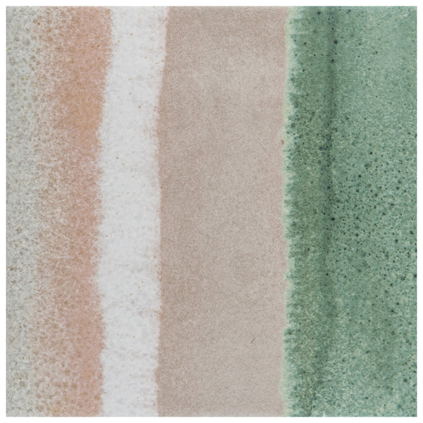 A close-up of Rembrandt 6x6 Patterned Porcelain Tile shows a textured finish with vertical bands of peach, off-white, beige, and green blending softly. The green band features speckling that mimics gentle brushstroke effects.