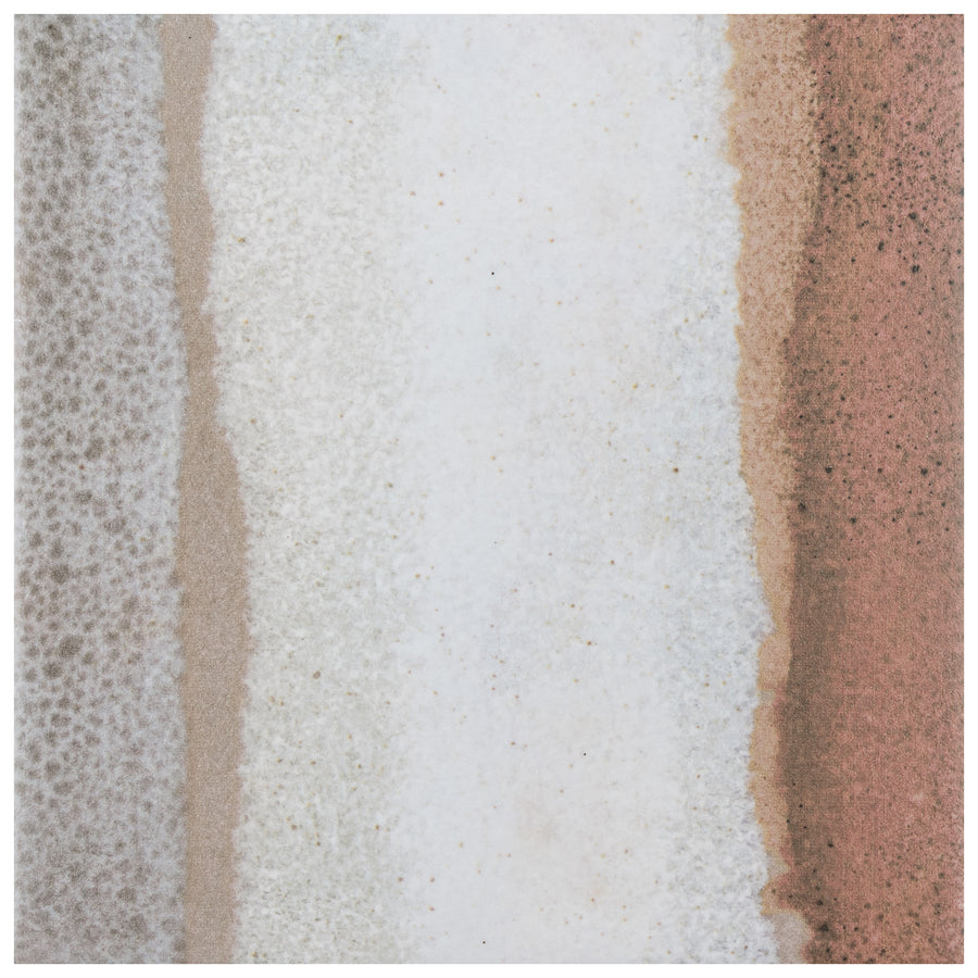Abstract image with vertical bands in brown, beige, white, and rust evokes a watercolor look and textured finish inspired by the Rembrandt 6x6 Patterned Porcelain Tile for stylish floors and walls.