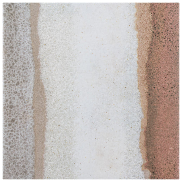 Abstract image with vertical bands in brown, beige, white, and rust evokes a watercolor look and textured finish inspired by the Rembrandt 6x6 Patterned Porcelain Tile for stylish floors and walls.