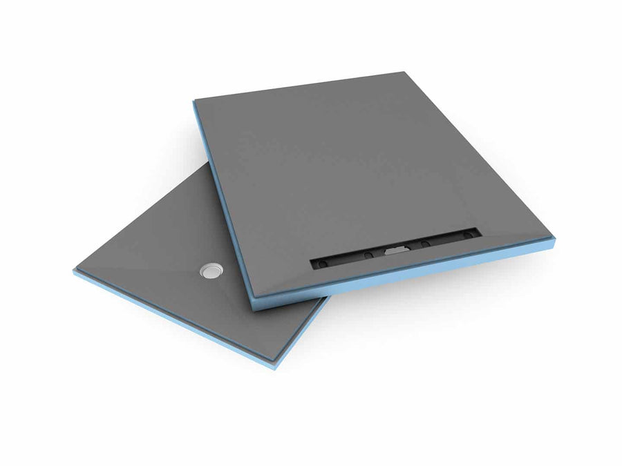 The Wedi Fundo Riolito features two square gray panels with blue edges; one lies flat, while the other tilts to reveal a circular hole and rectangular slot—perfect for a waterproof, floor-level shower system.