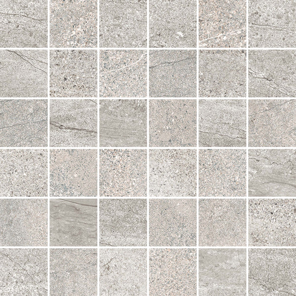 A 6x6 grid of Santorini 2x2 Mosaic Porcelain Tile in light gray, featuring natural speckled patterns and subtle lines. The square tiles have a rough, slightly textured stone-effect finish.
